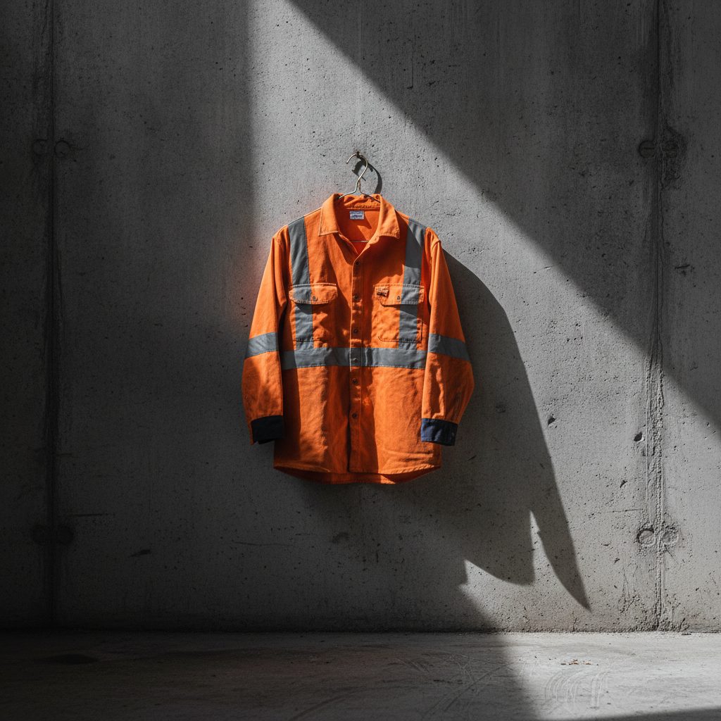 A high-visibility work shirt hanging on a steel rail in a workshop