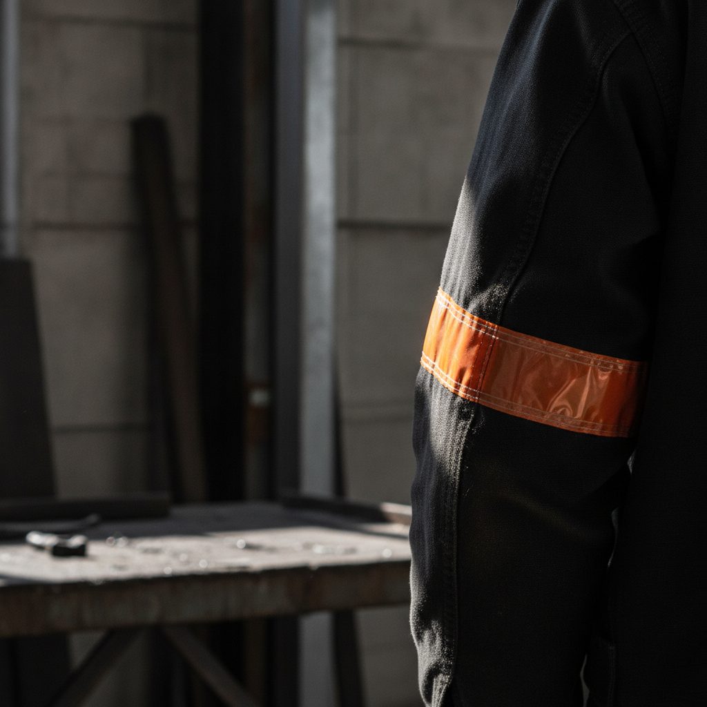 Reflective tape on a work jacket catching a beam of light in low light