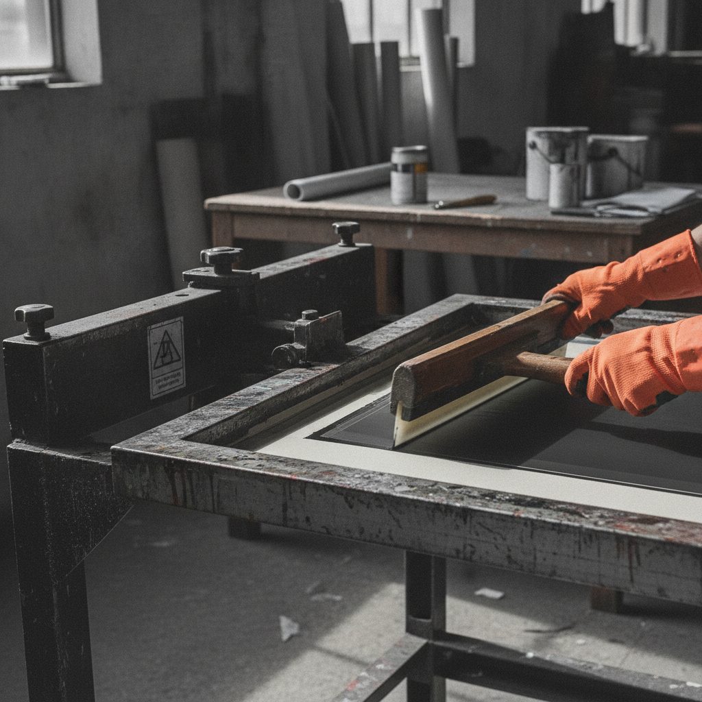 A screen printing squeegee pulling ink across a screen