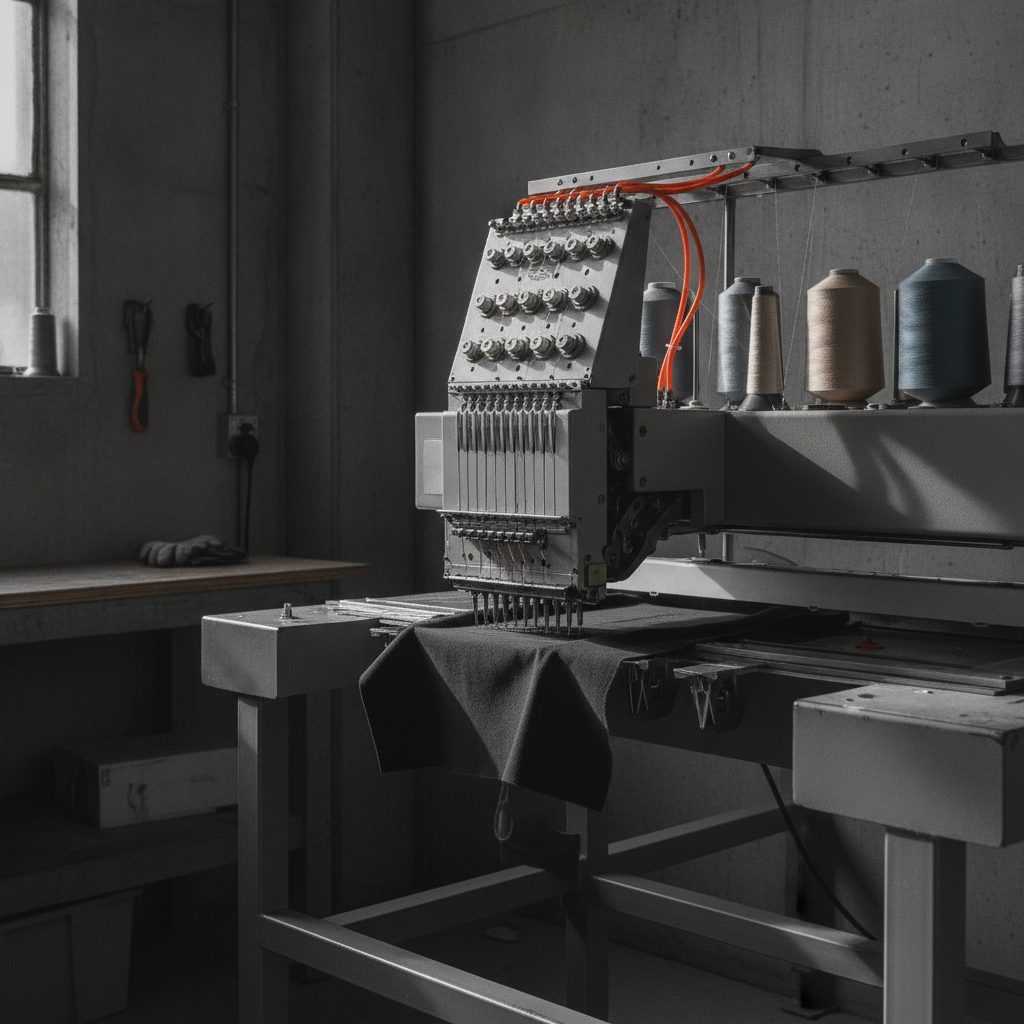 An embroidery machine head stitching a garment
