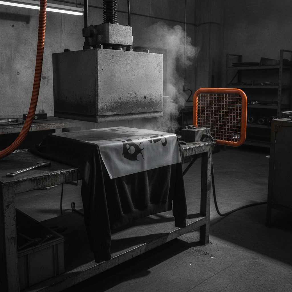A heat press closing on a transfer film over a garment