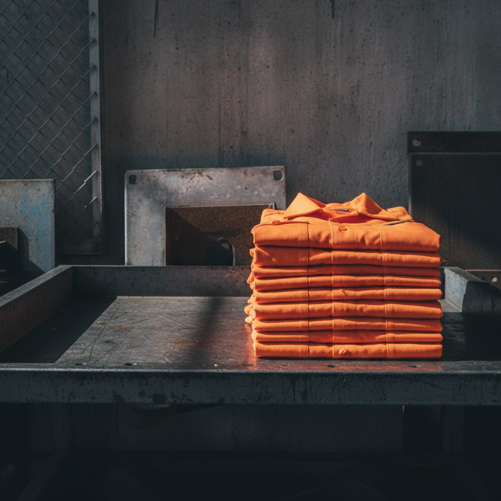 A folded stack of high-visibility work shirts