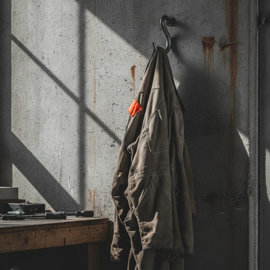 Canvas coveralls hanging on a hook in a workshop