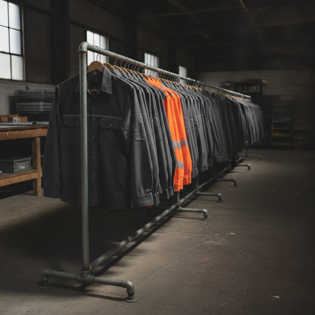 A rail of identical decorated work garments in a warehouse