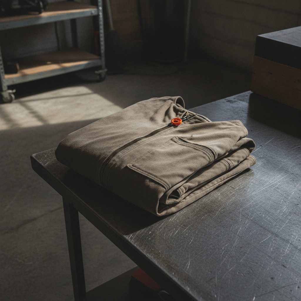 Canvas work coveralls laid flat on a steel bench
