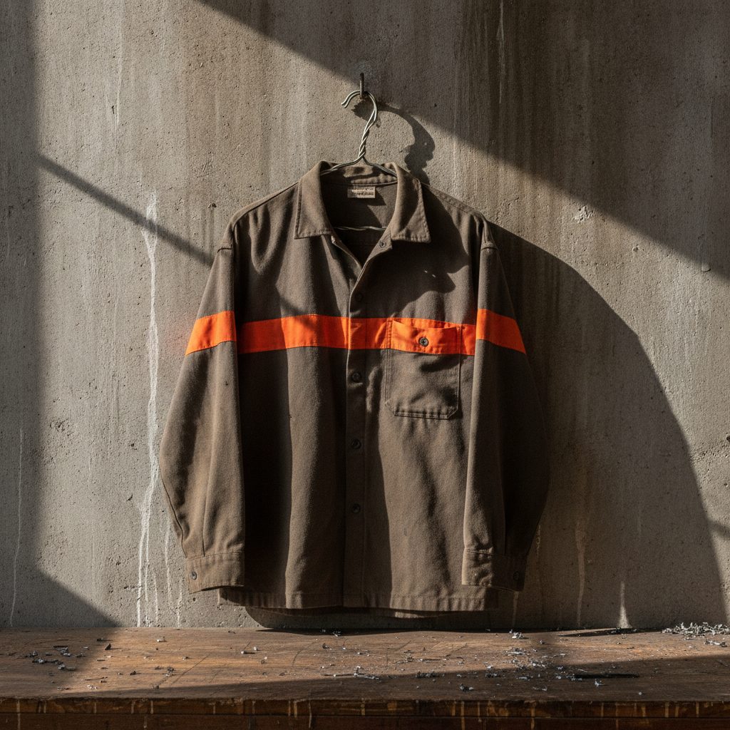 A cotton drill work shirt on a hanger against concrete
