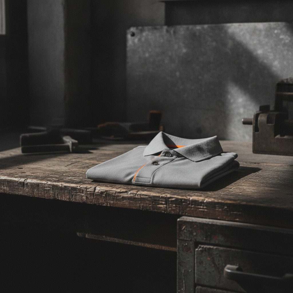 A folded pique polo shirt on a workbench