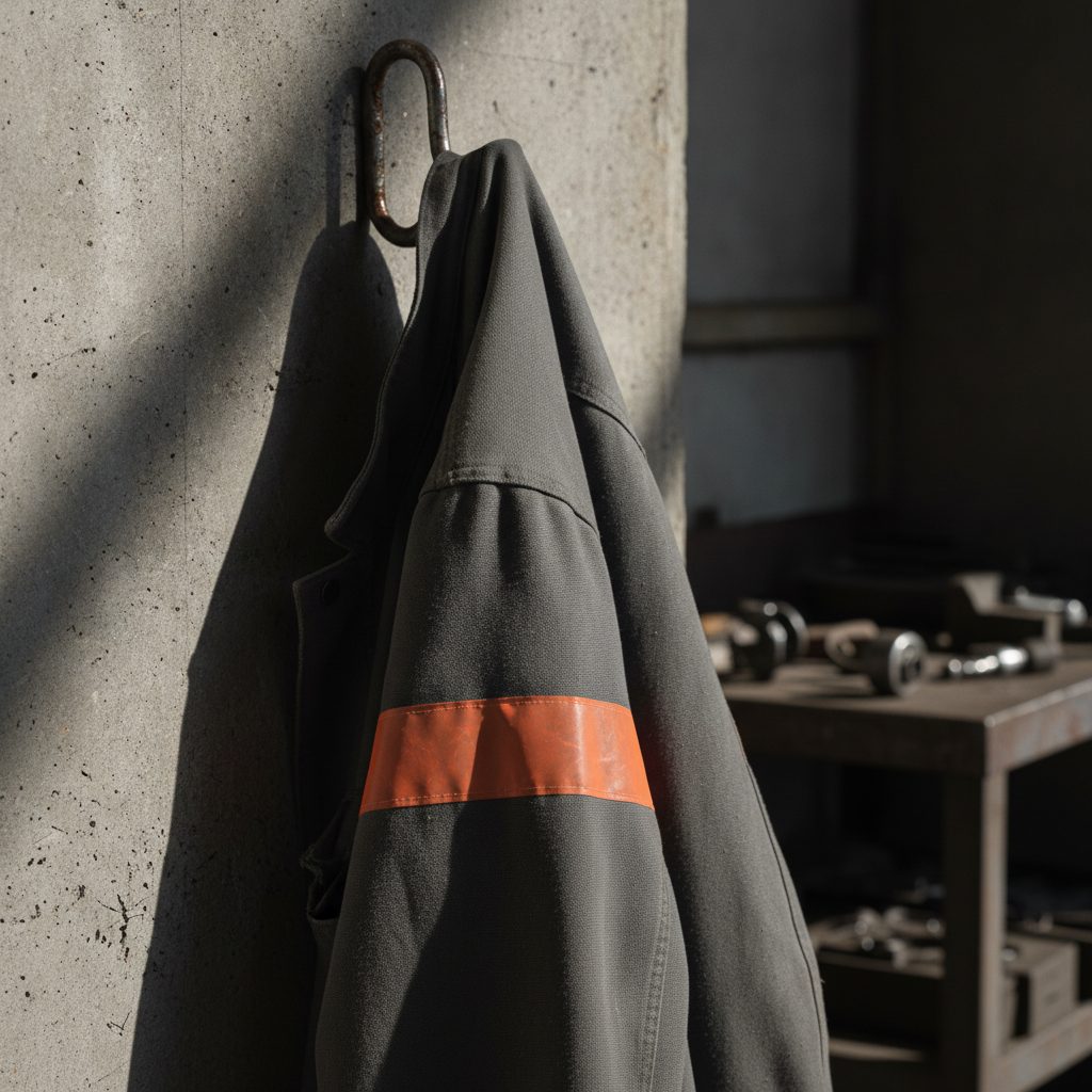 A work jacket hanging on a steel hook