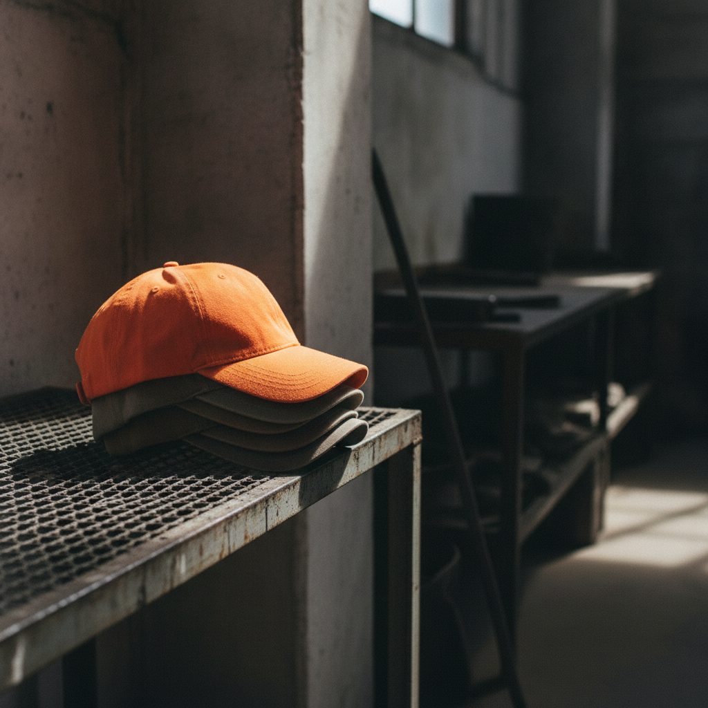 A stack of structured caps on a steel shelf