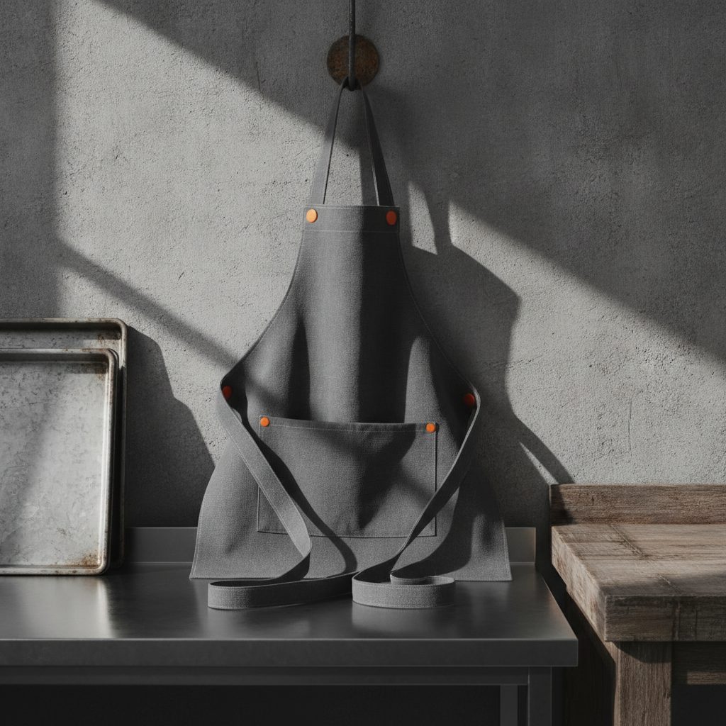 A canvas bib apron hanging beside a stainless surface