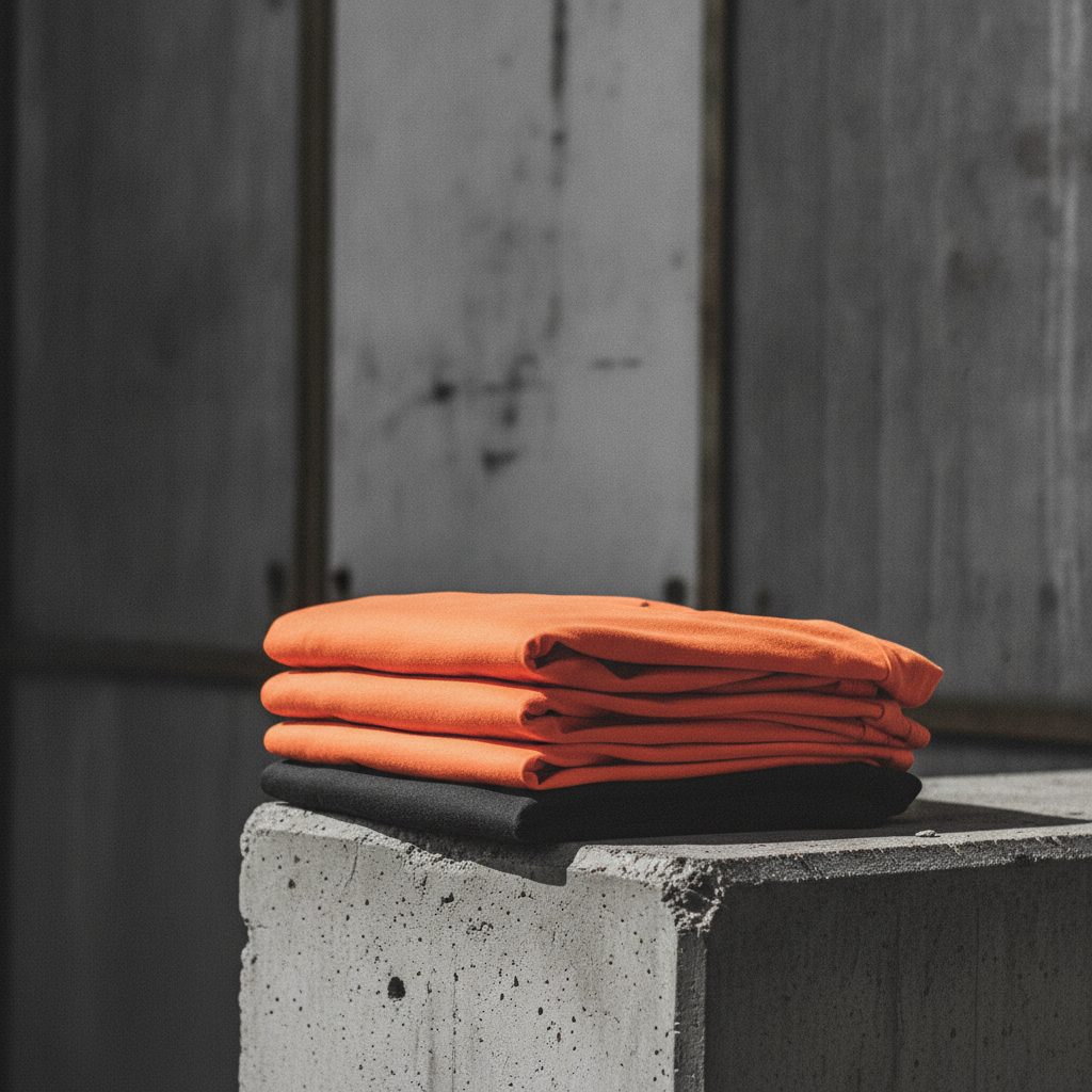 Folded heavyweight t-shirts stacked on a concrete ledge