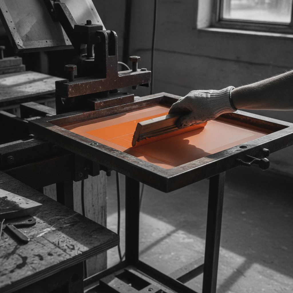 A squeegee pulling ink across a silkscreen on a press