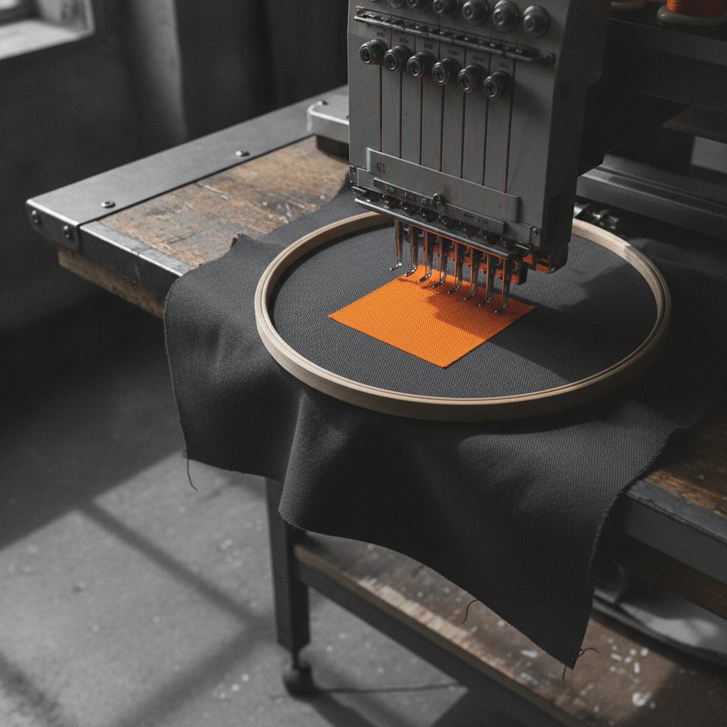 An embroidery machine stitching a solid block onto dark twill