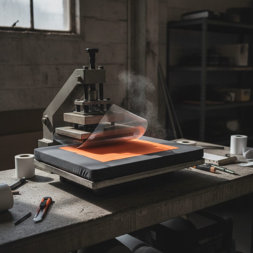 A printed transfer film being peeled from a garment