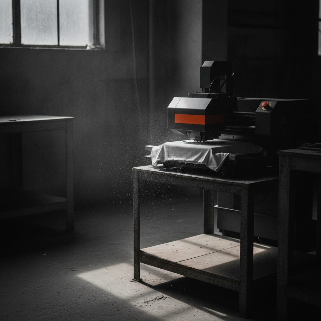 A direct-to-garment printer head travelling over a platen