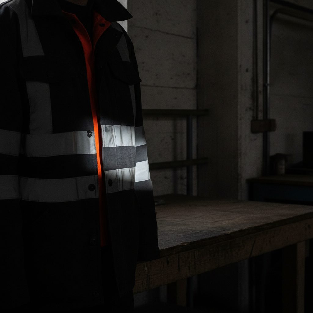 Reflective banding on a dark garment lit by a single beam