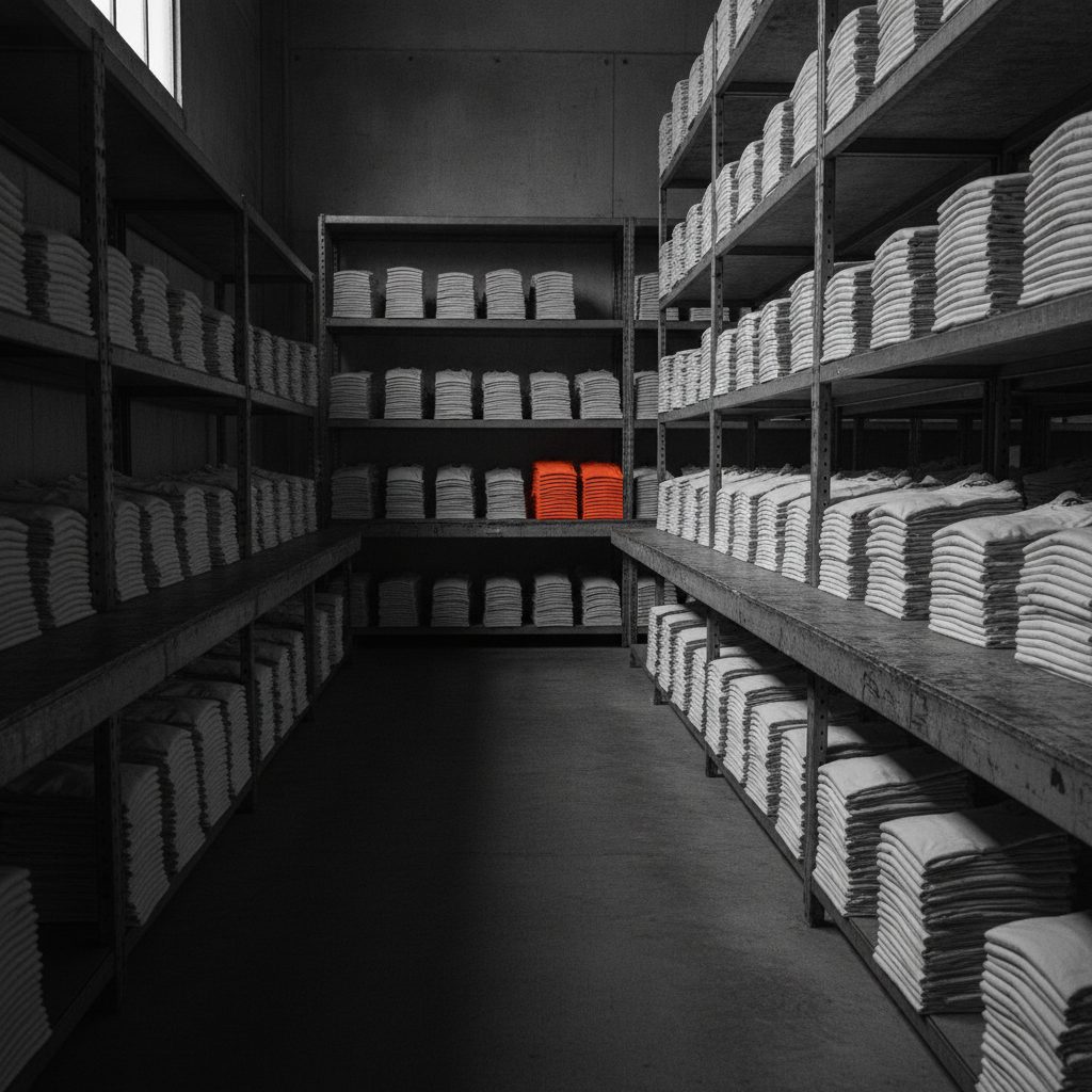Deep shelving stacked with folded blank garments