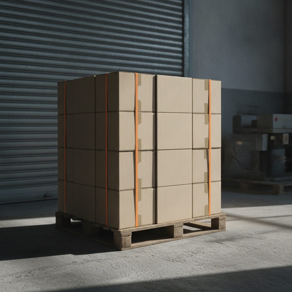 Sealed cartons stacked on a pallet by a roller shutter