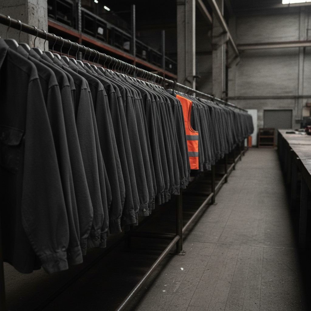 A long rail of identical work shirts receding into shadow