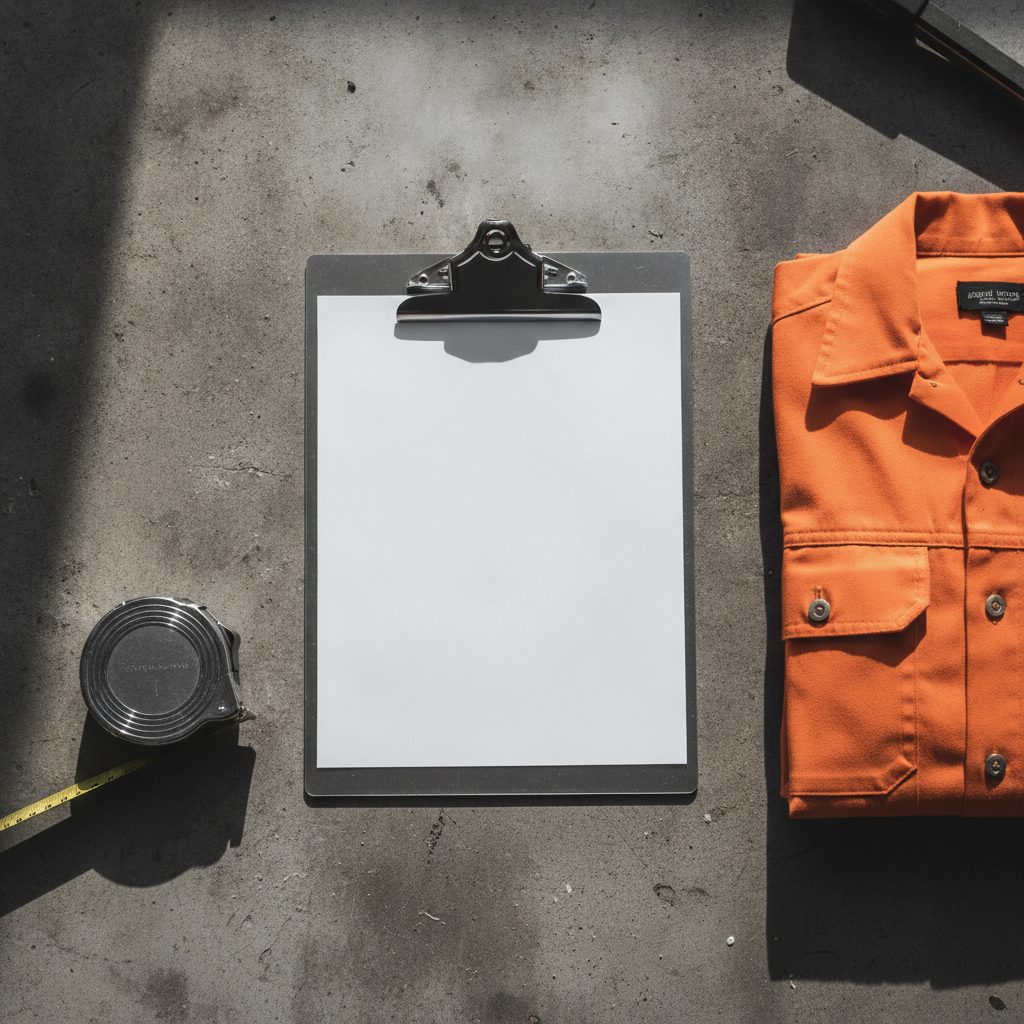 A workbench with a clipboard, tape measure and folded work shirt