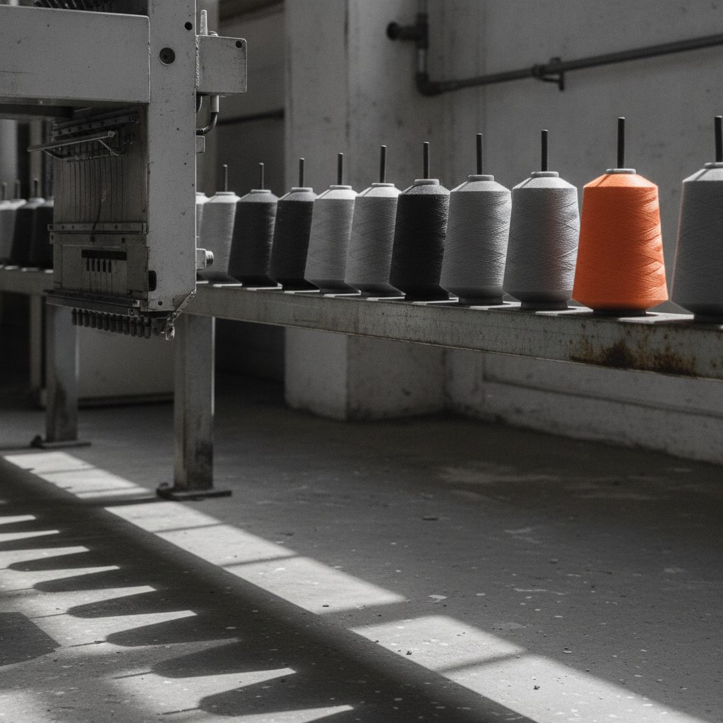 A rack of thread cones beside an embroidery machine arm