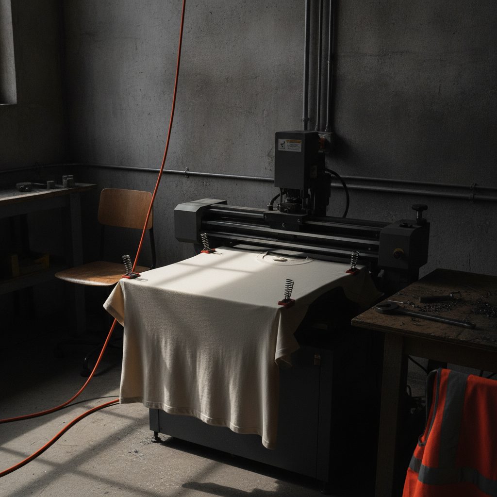A cotton t-shirt clamped flat on a printer platen