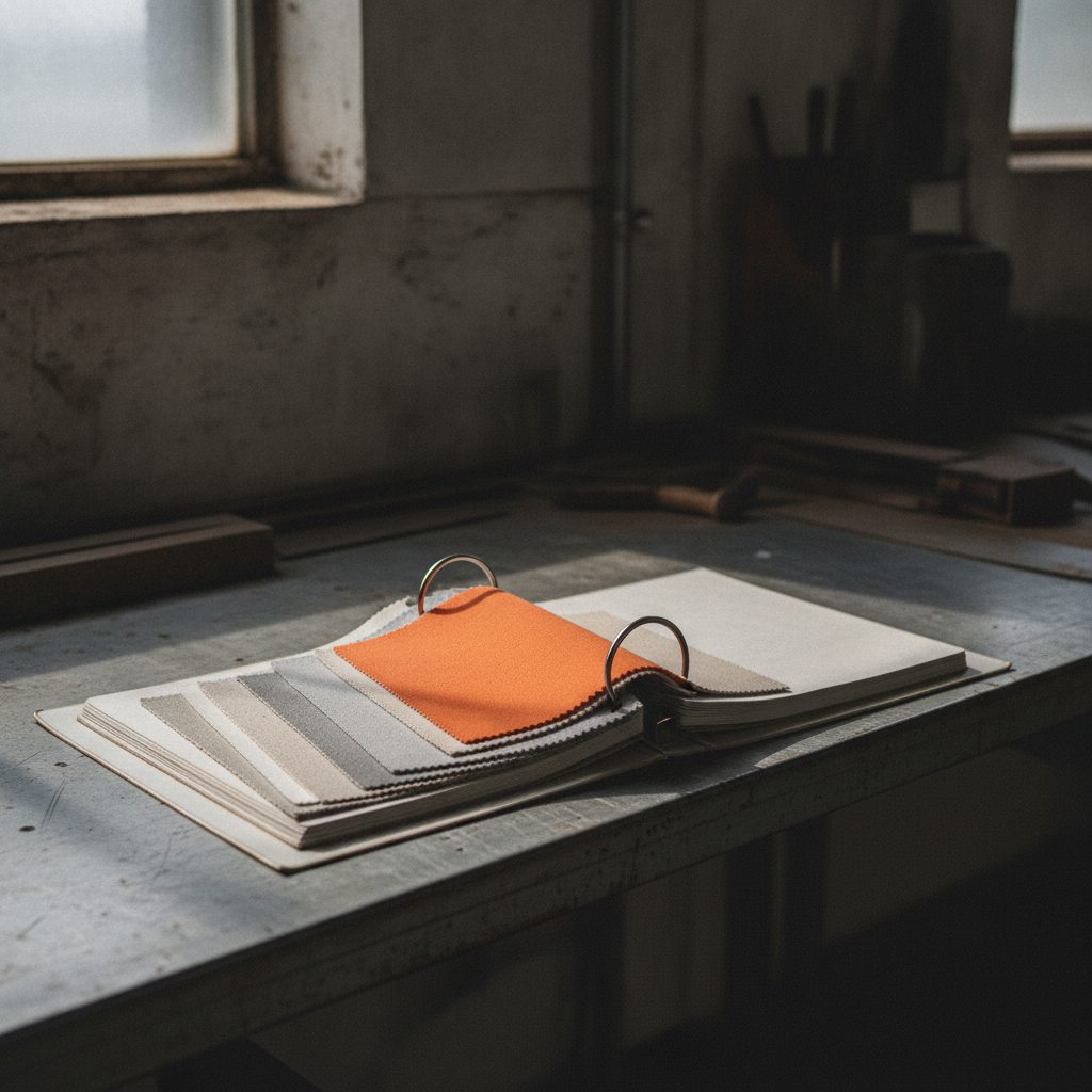 An open binder of plain fabric swatches on a steel desk