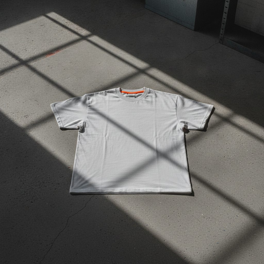 A heavyweight t-shirt laid flat on a concrete floor