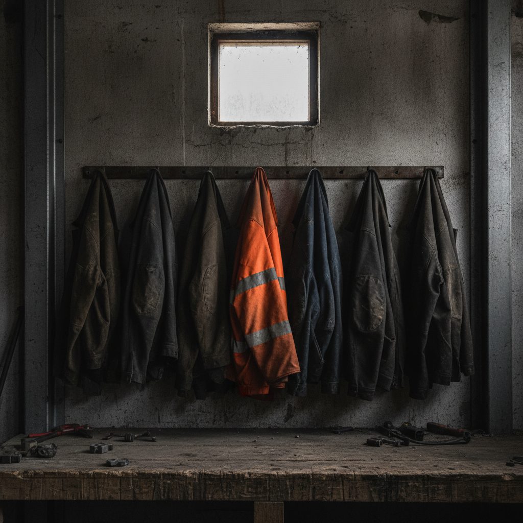 Work jackets hanging on pegs in a site cabin