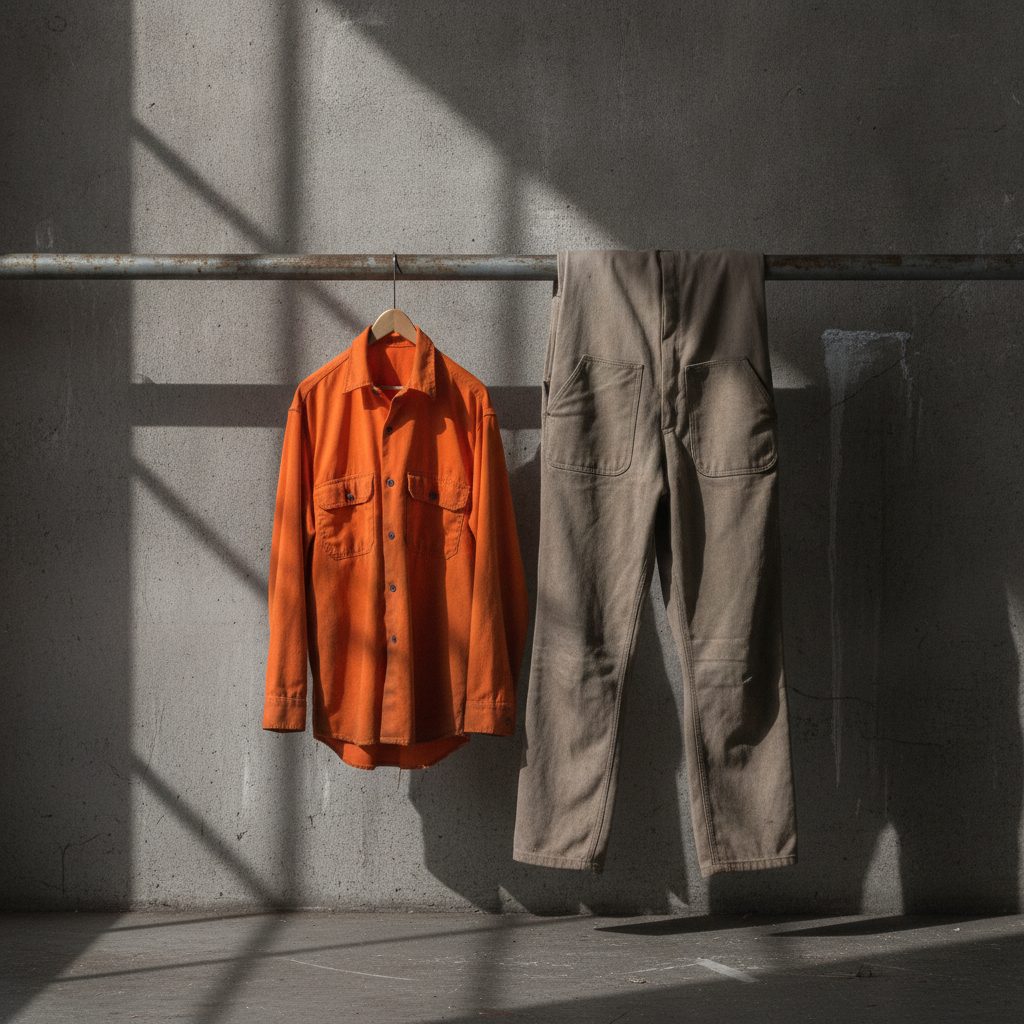A hi-vis work shirt and canvas coveralls hanging together