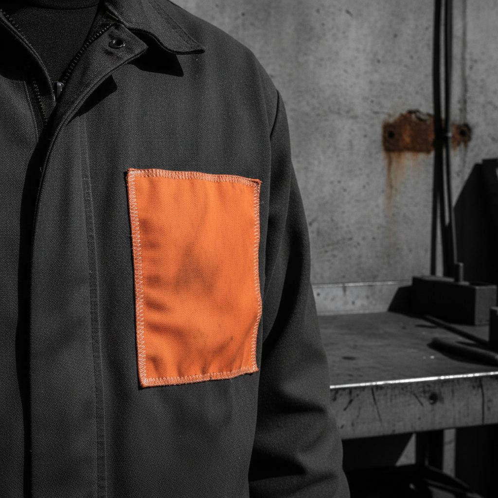 A blank stitched name panel on the chest of a work garment