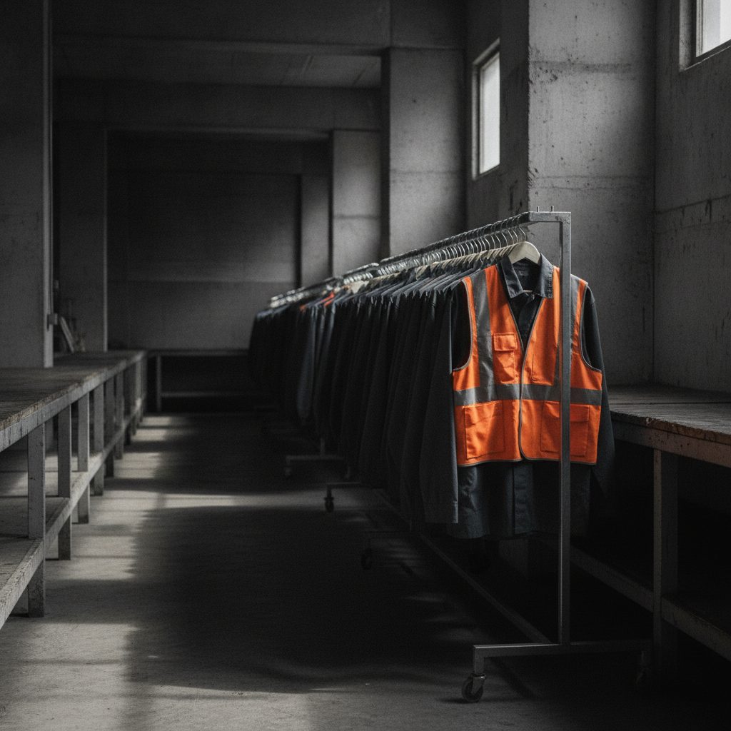 A rail of identical work shirts in a stockroom