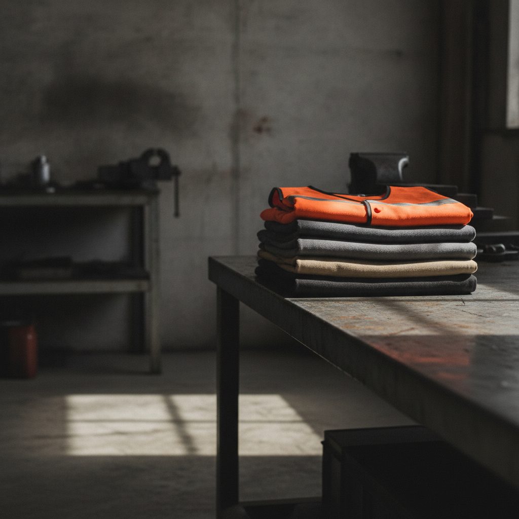 A small stack of six folded garments on a steel bench