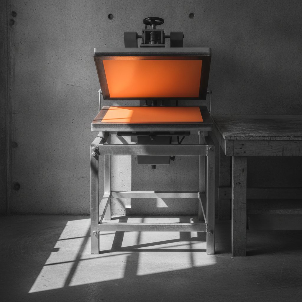 An open heat press with a transfer film on the platen