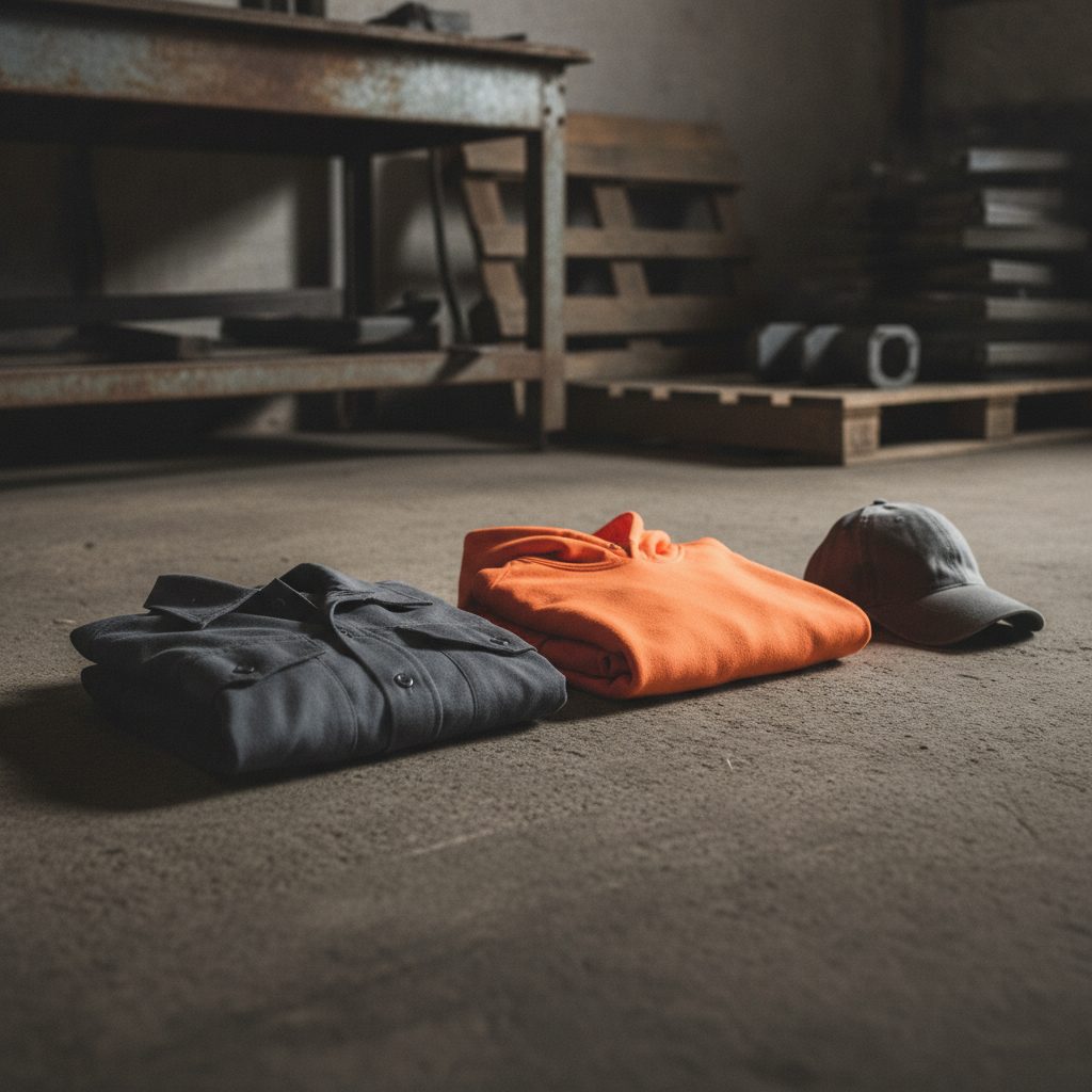 Three different folded garments side by side on concrete