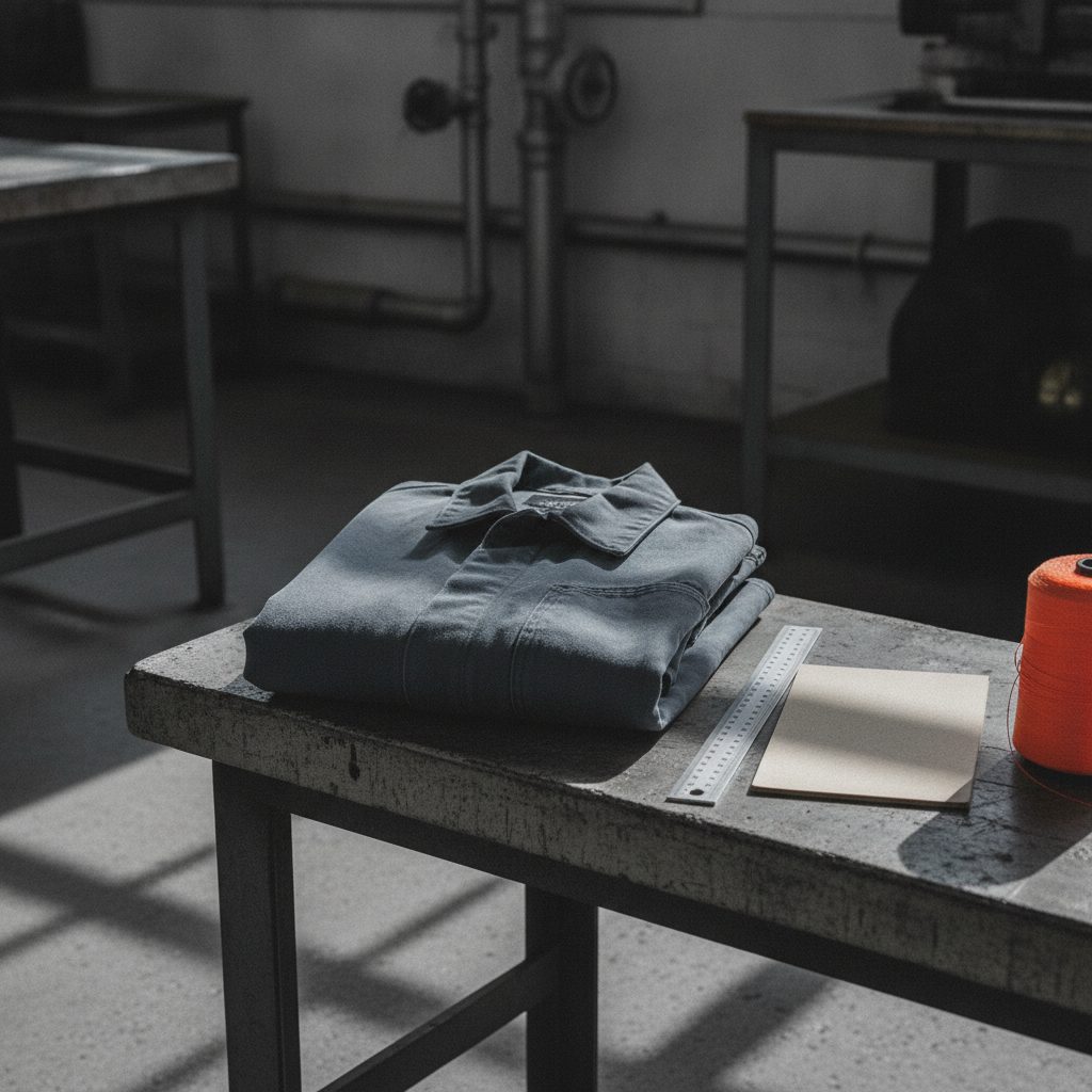 A folded work garment beside a steel rule and a swatch card