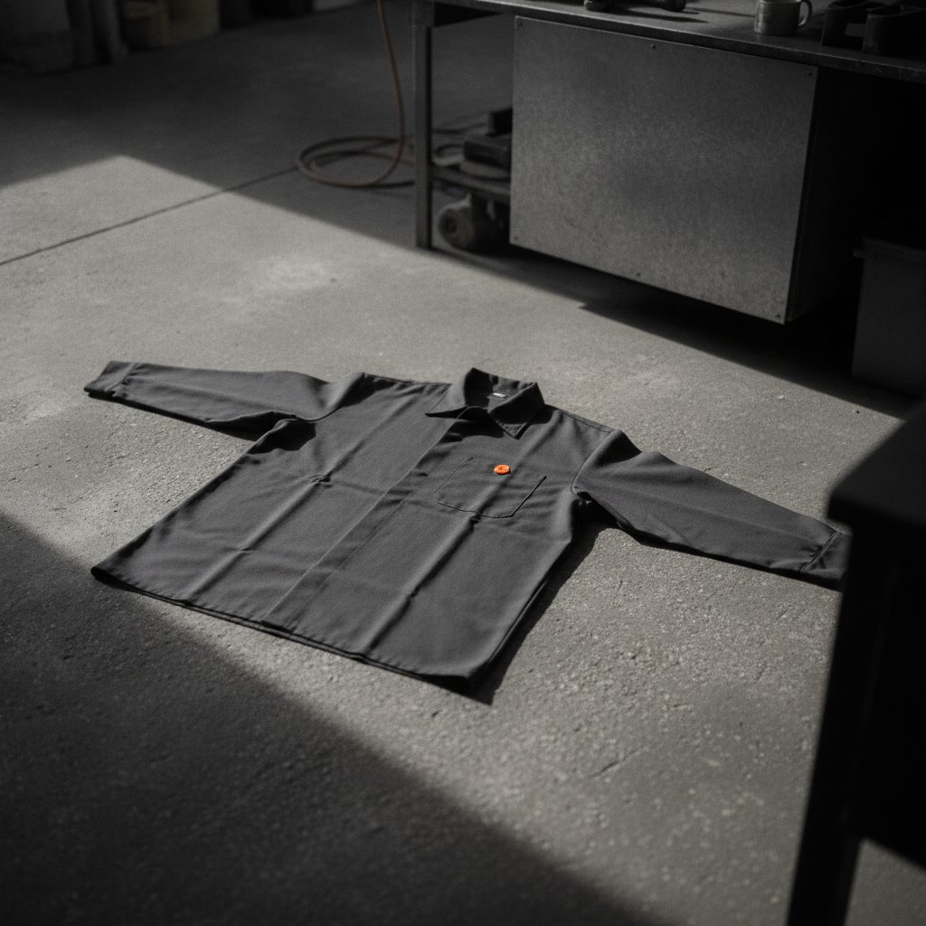 A dark work shirt laid flat showing its chest and sleeve panels