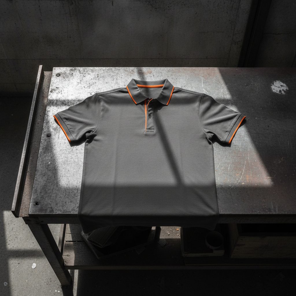 A polo laid flat on steel showing an empty left chest panel