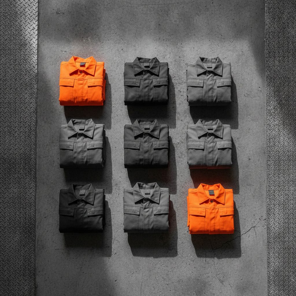Nine folded garments arranged in a grid on concrete