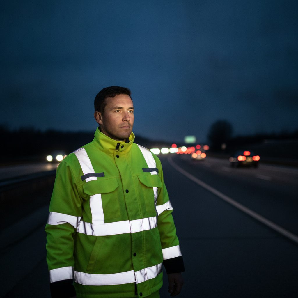 A road flagger at dusk in a sleeved high-visibility jacket, reflective banding lit by oncoming headlights