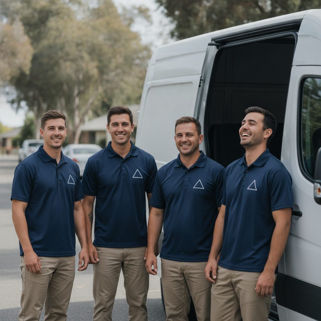 Four members of a service crew in matching navy work polos standing together beside a white work van in midday light