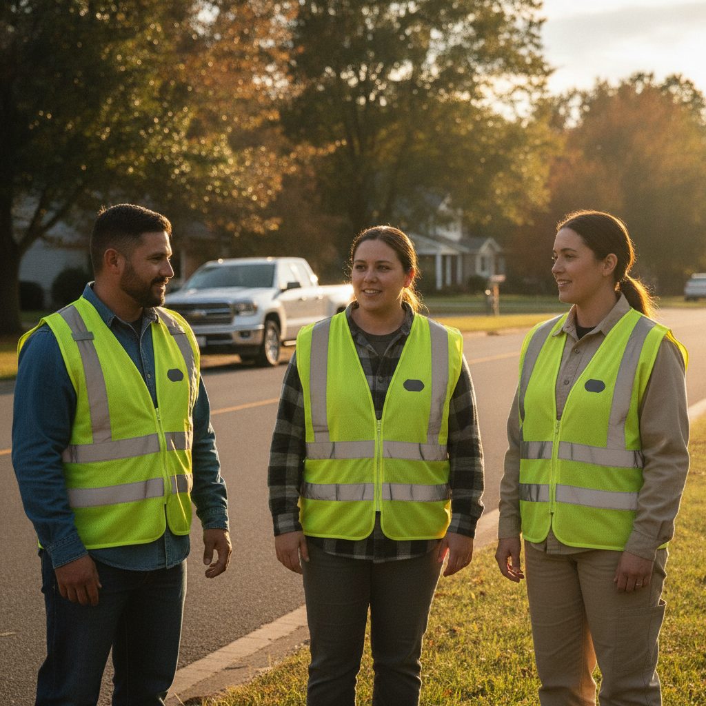 Three workers in fluorescent high-visibility vests standing together on a road shoulder in afternoon sun