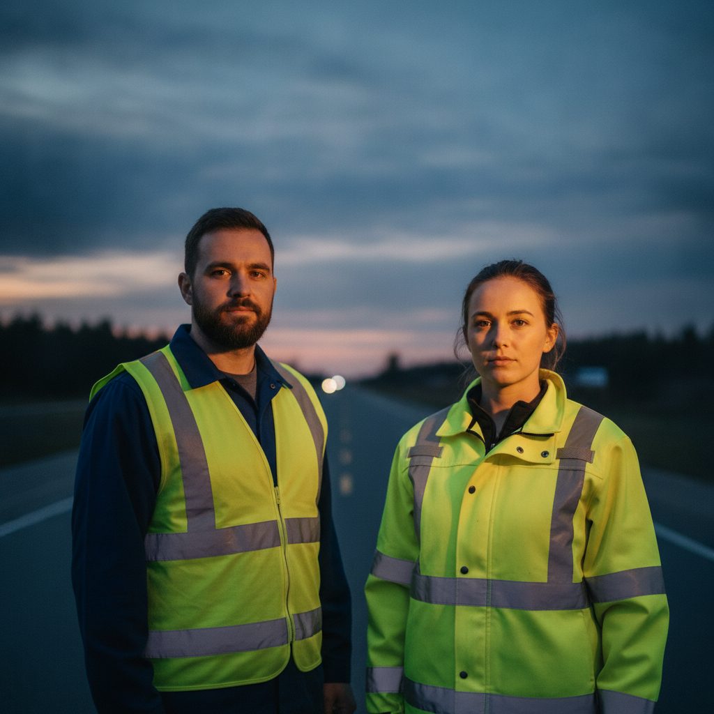 Two workers at dusk, one in a high-visibility vest and one in a sleeved high-visibility jacket, reflective tape lit up