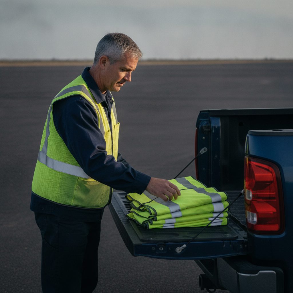 A site supervisor in a high-visibility vest lifting the top garment from a stack of folded high-visibility vests on a truck tailgate