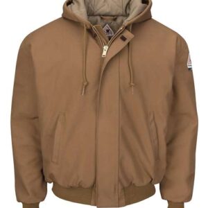 Men's Insulated Brown Duck Hooded Jacket with Knit Trim