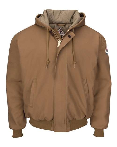 Men's Insulated Brown Duck Hooded Jacket with Knit Trim