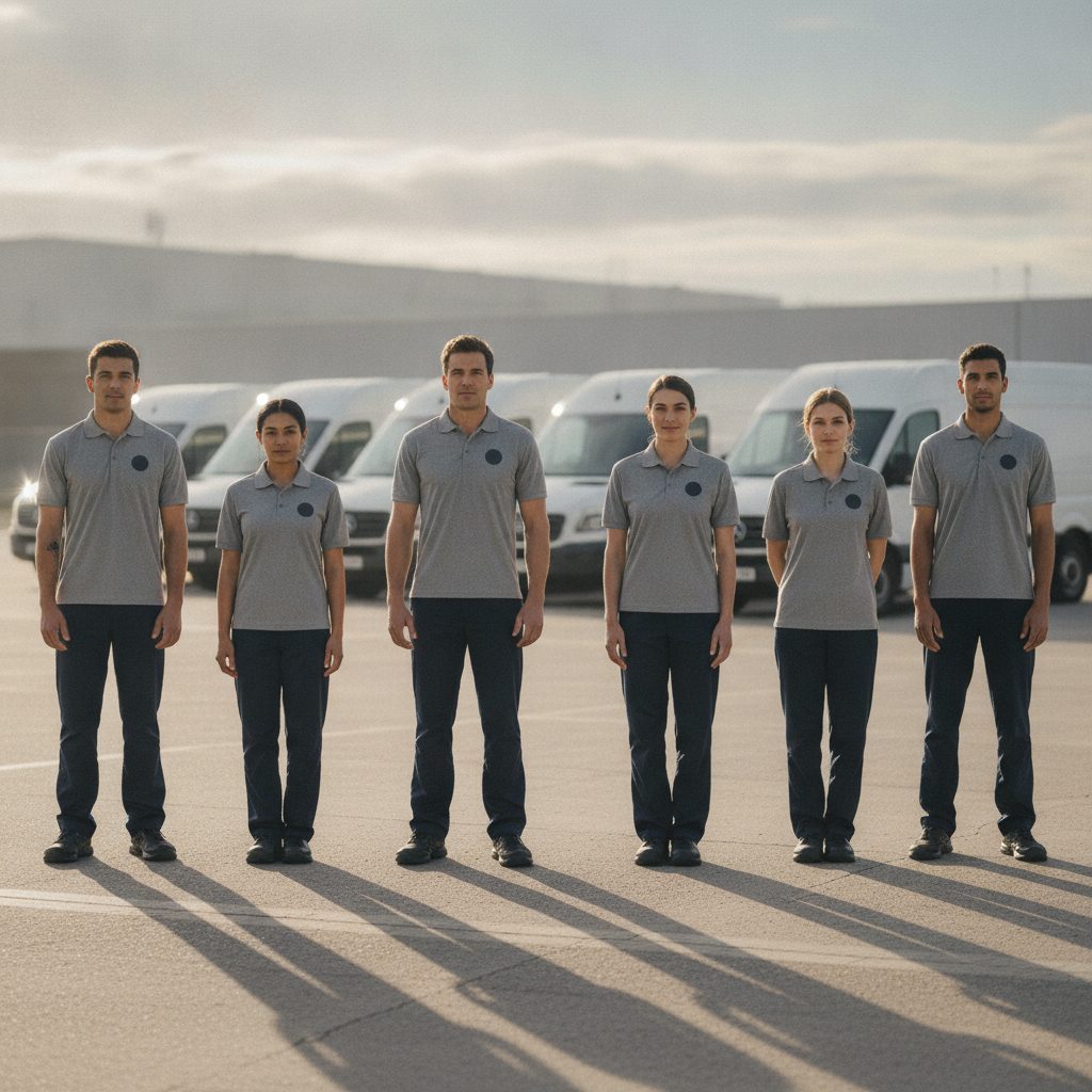 Six delivery drivers in matching grey performance polos standing in a line in front of a row of white vans in a depot yard